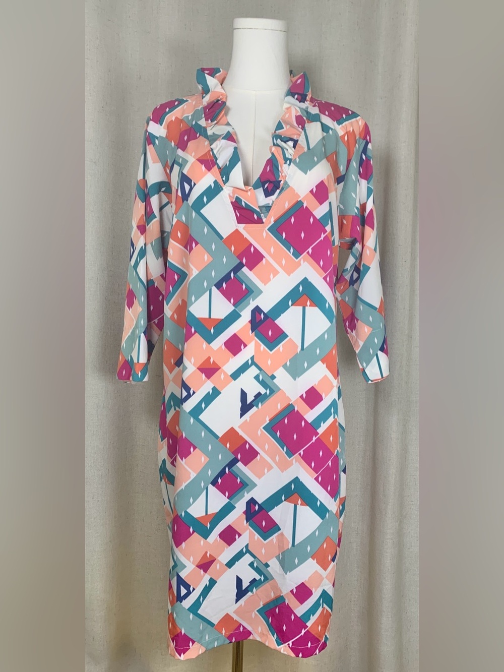 Michelle McDowell Geometric Print Ruffle Midi Shift Dress | Sz Large | NWOT